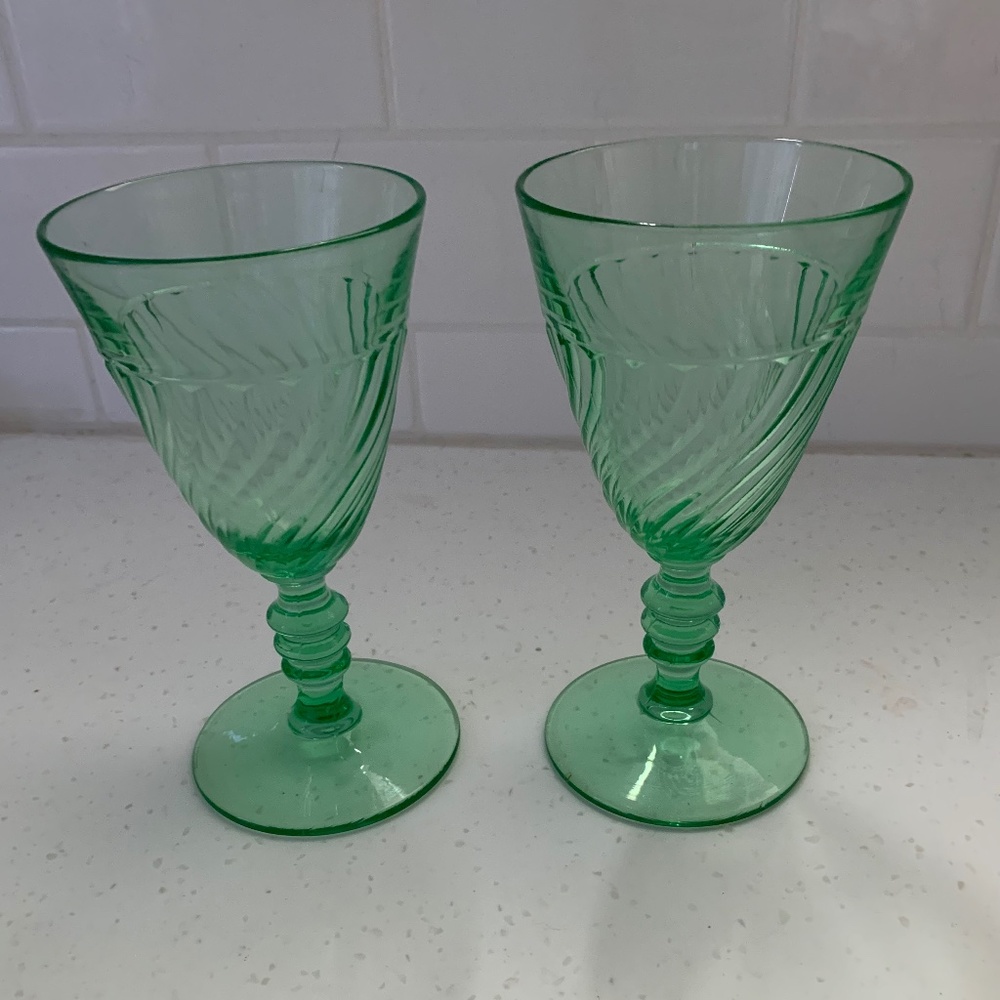 Depression Glass wine glasses. (2) Swirl pattern
